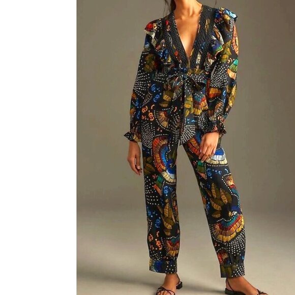 Farm Rio x Anthropologie V-Neck Ruffle Printed Jumpsuit Artsy Tropical - Picture 1 of 16